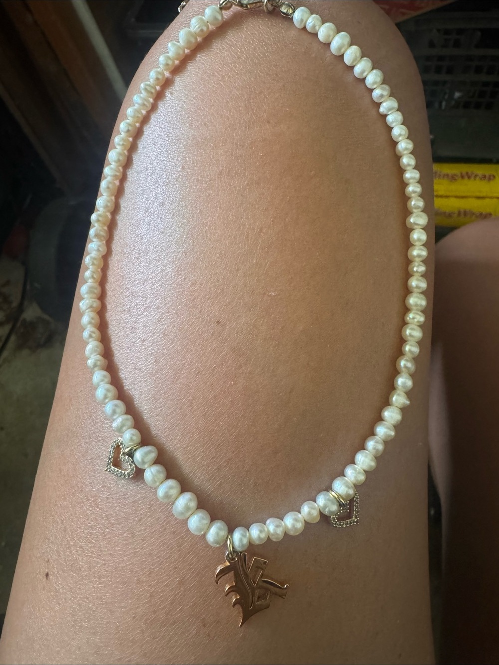 Pearl Choker Necklace with Initial “K”Pendant and Heart Charms